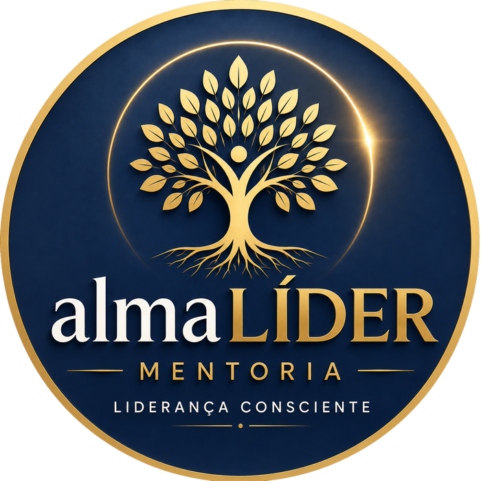 Selo almaLÍDER Mentoria — árvore com raízes em dourado sobre fundo azul-marinho